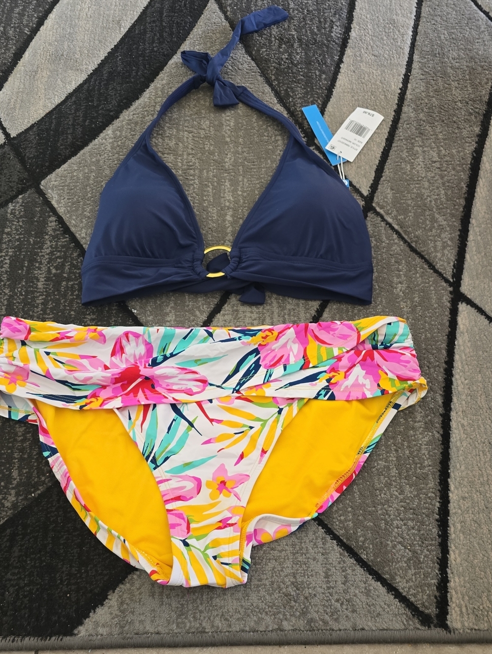 Bleu Rod Beattie Navy Halter Bikini Top with Floral Yellow Bikini Bottoms
